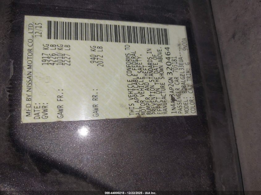 2016 Nissan Altima 2.5 S VIN: 1N4AL3AP2GN320464 Lot: 44000218