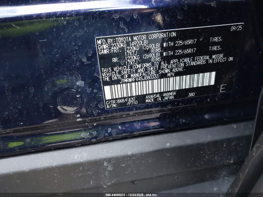 2025 Toyota Rav4 Hybrid Xle VIN: JTMRWRFV4SJ080333 Lot: 44000231