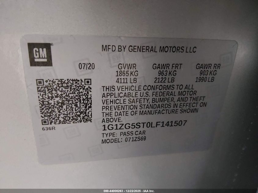 2020 Chevrolet Malibu Fwd Rs VIN: 1G1ZG5ST0LF141507 Lot: 44000263