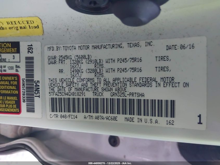 2016 Toyota Tacoma Sr5 V6 VIN: 5TFAZ5CN4GX018291 Lot: 44000278