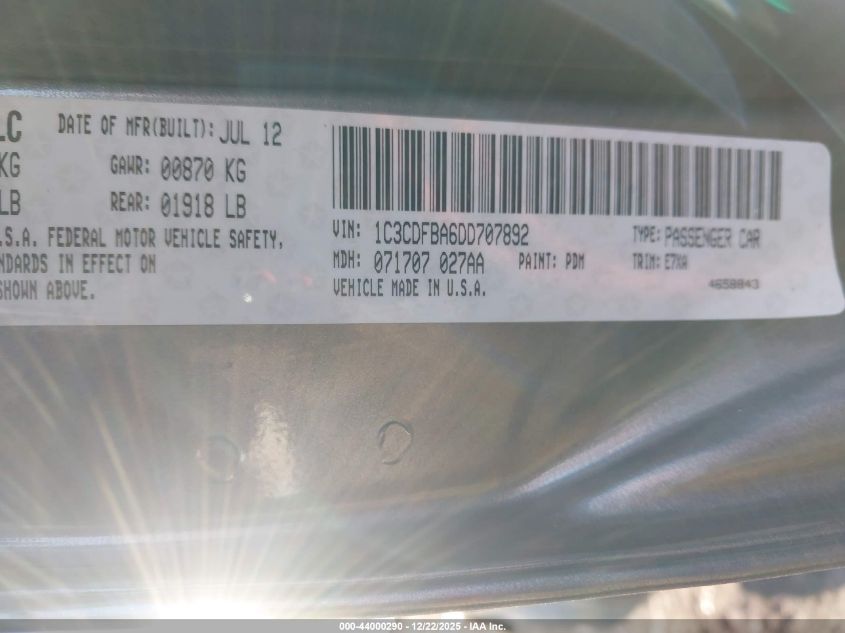 2013 Dodge Dart Sxt VIN: 1C3CDFBA6DD707892 Lot: 44000290