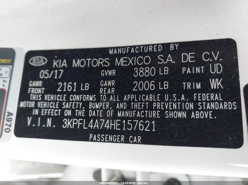 2017 Kia Forte S VIN: 3KPFL4A74HE157621 Lot: 44000291