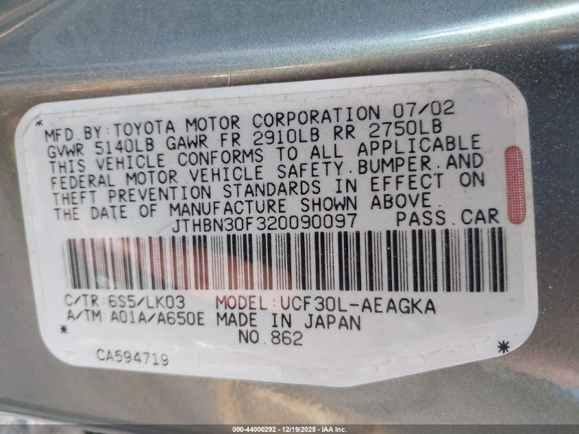 2002 Lexus Ls 430 VIN: JTHBN30F320090097 Lot: 44000292