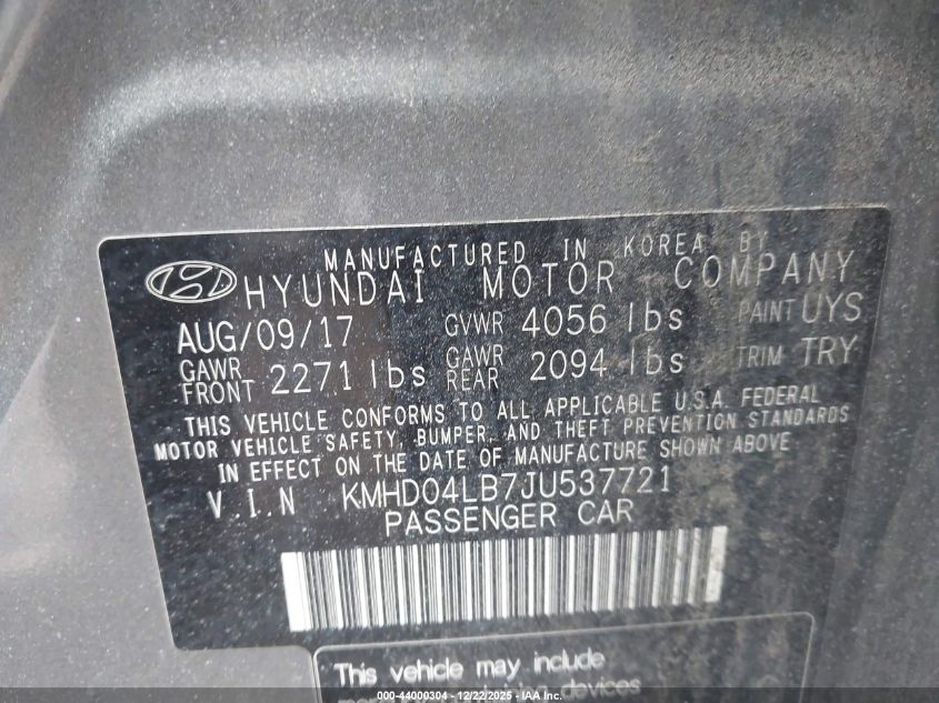 2018 Hyundai Elantra Sport VIN: KMHD04LB7JU537721 Lot: 44000304
