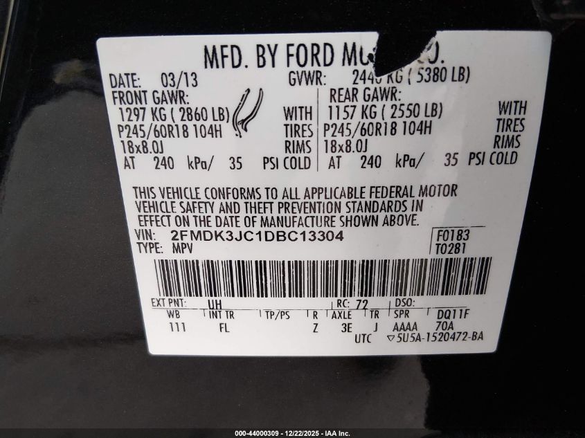 2013 Ford Edge Sel VIN: 2FMDK3JC1DBC13304 Lot: 44000309