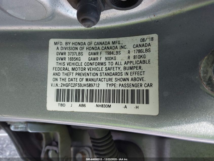 2018 Honda Civic Lx VIN: 2HGFC2F59JH589712 Lot: 44000313