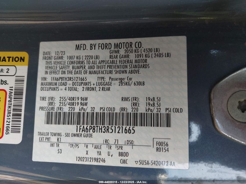 2024 Ford Mustang Ecoboost Premium Fastback VIN: 1FA6P8TH3R5121665 Lot: 44000315