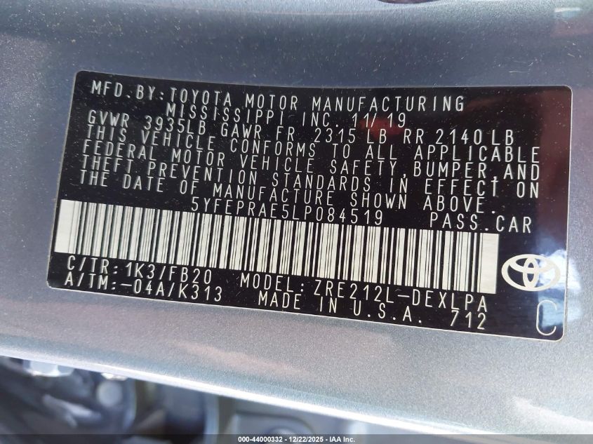 2020 Toyota Corolla Le VIN: 5YFEPRAE5LP084519 Lot: 44000332