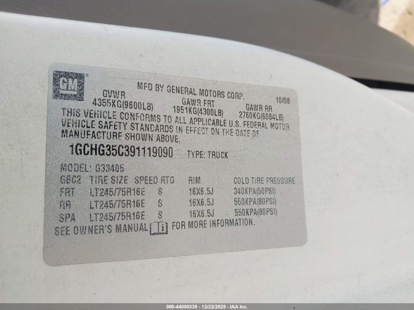 2009 Chevrolet Express 3500 Work Van VIN: 1GCHG35C391119090 Lot: 44000339