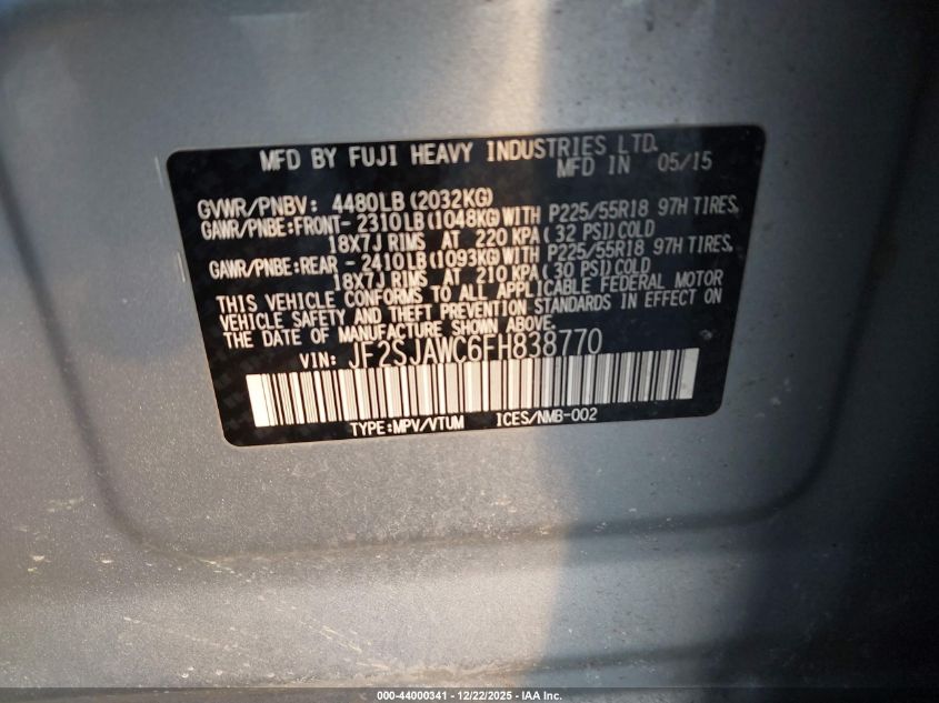 2015 Subaru Forester 2.5I Touring VIN: JF2SJAWC6FH838770 Lot: 44000341