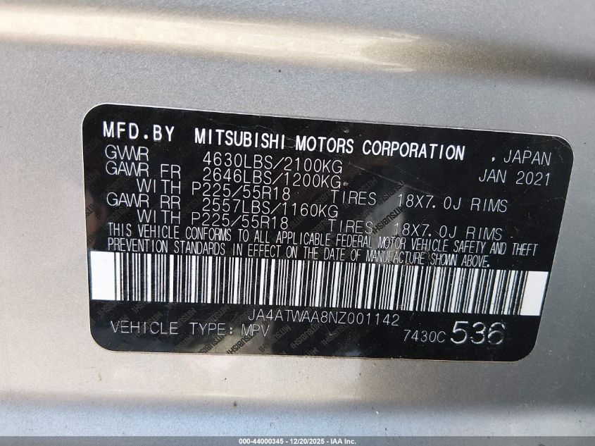 2022 Mitsubishi Eclipse Cross Se S-Awc/Se Special Edition S-Awc/Sel S-Awc/Sel Special Edition S-Awc VIN: JA4ATWAA8NZ001142 Lot: 44000345