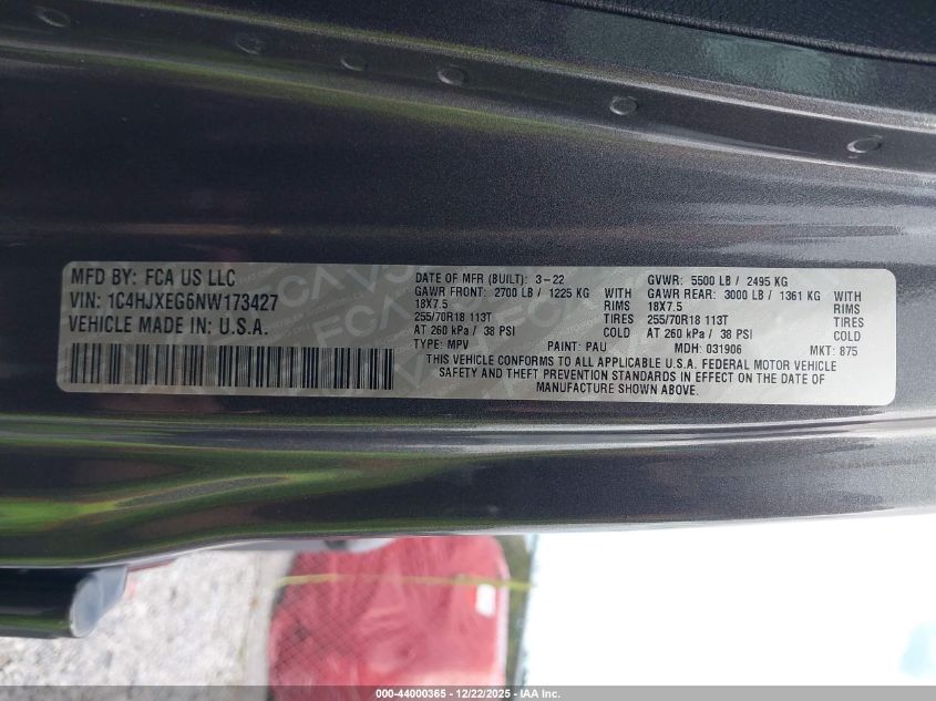 2022 Jeep Wrangler Unlimited Sahara 4X4 VIN: 1C4HJXEG6NW173427 Lot: 44000365