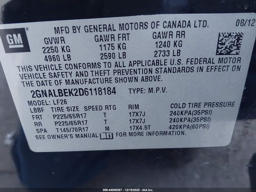 2013 Chevrolet Equinox Ls VIN: 2GNALBEK2D6118184 Lot: 44000367