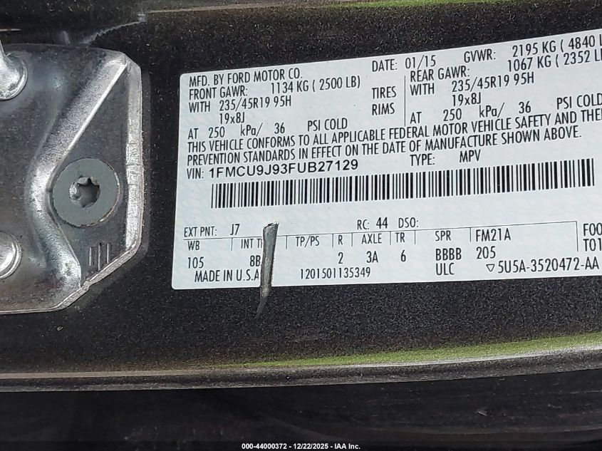 2015 Ford Escape Titanium VIN: 1FMCU9J93FUB27129 Lot: 44000372