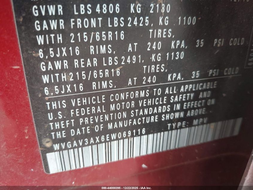 2014 Volkswagen Tiguan S VIN: WVGAV3AX6EW069116 Lot: 44000395