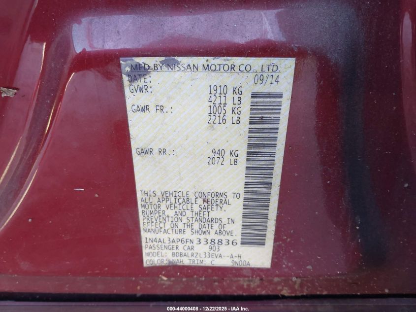 2015 Nissan Altima 2.5 Sl VIN: 1N4AL3AP6FN338836 Lot: 44000408