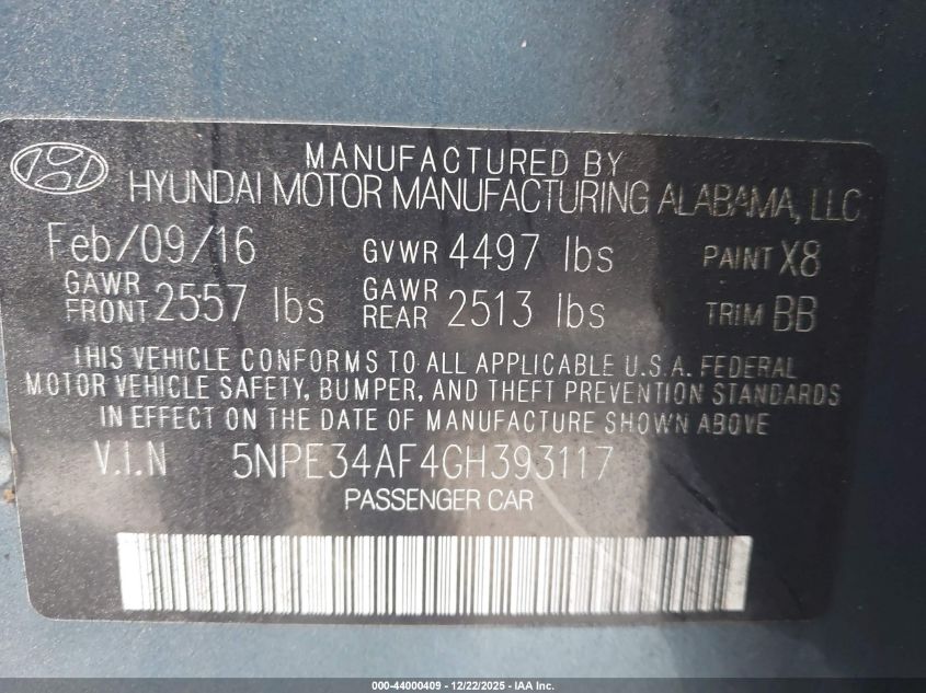 2016 Hyundai Sonata Limited VIN: 5NPE34AF4GH393117 Lot: 44000409