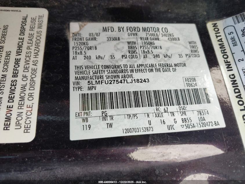 2007 Lincoln Navigator Ultimate VIN: 5LMFU27547LJ18243 Lot: 44000413