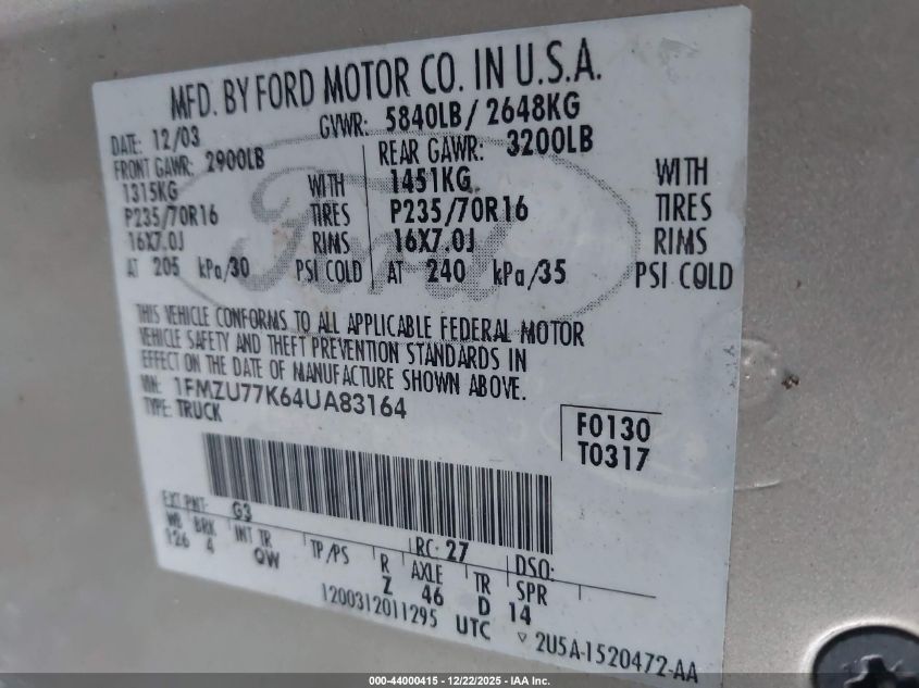 2004 Ford Explorer Sport Trac Adrenalin/Xls/Xlt VIN: 1FMZU77K64UA83164 Lot: 44000415