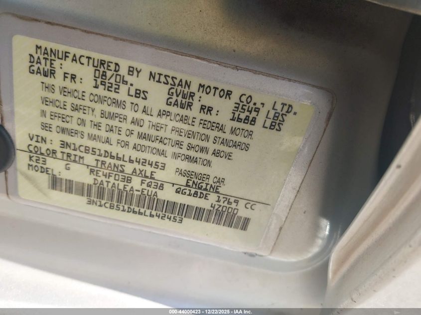 2006 Nissan Sentra 1.8S VIN: 3N1CB51D66L642453 Lot: 44000423