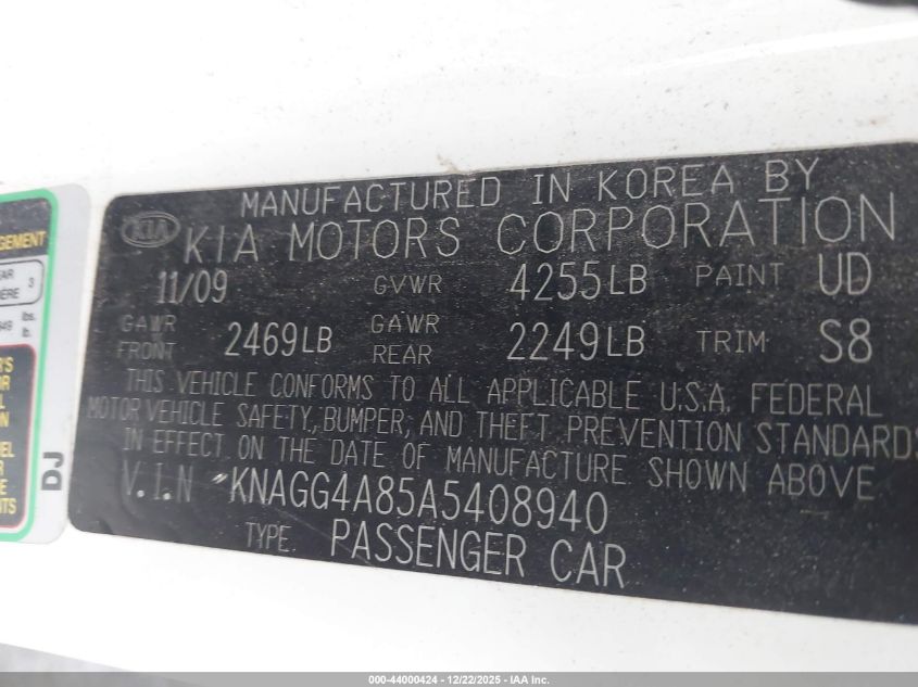 2010 Kia Optima Lx VIN: KNAGG4A85A5408940 Lot: 44000424