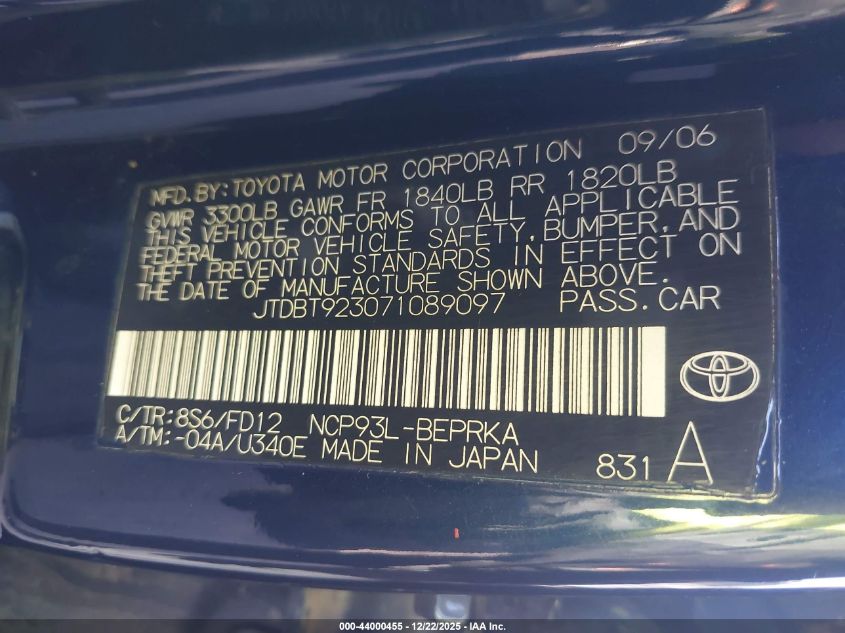 2007 Toyota Yaris VIN: JTDBT923071089097 Lot: 44000455