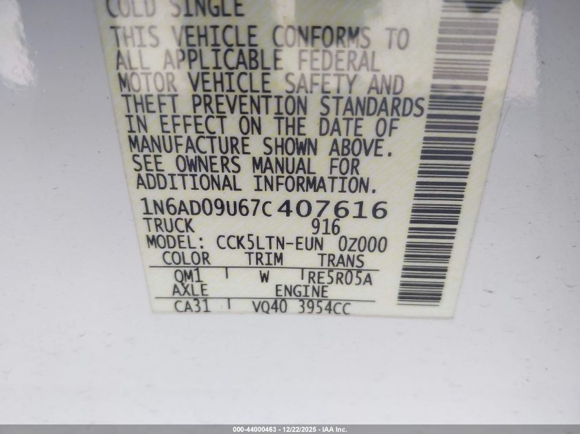 2007 Nissan Frontier Se VIN: 1N6AD09U67C407616 Lot: 44000463