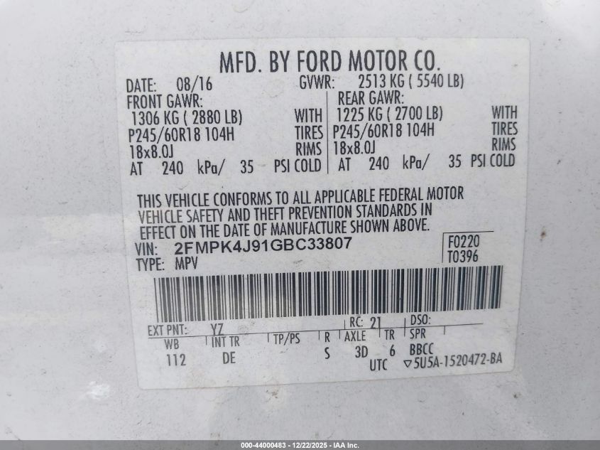 2016 Ford Edge Sel VIN: 2FMPK4J91GBC33807 Lot: 44000483