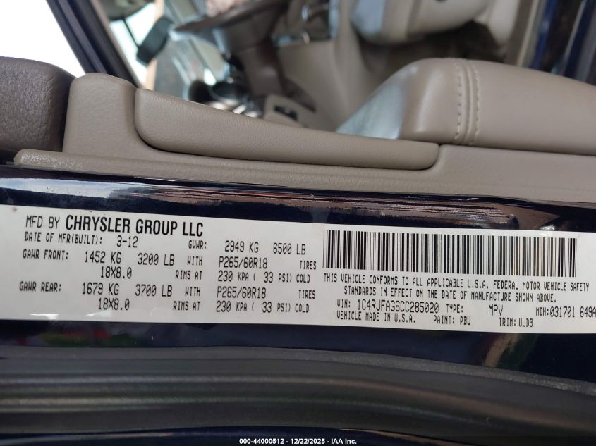 2012 Jeep Grand Cherokee Laredo VIN: 1C4RJFAG6CC285020 Lot: 44000512