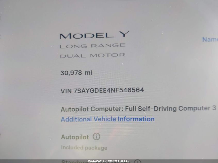 2022 Tesla Model Y Long Range Dual Motor All-Wheel Drive VIN: 7SAYGDEE4NF546564 Lot: 44000513