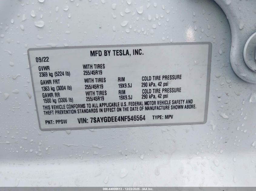 2022 Tesla Model Y Long Range Dual Motor All-Wheel Drive VIN: 7SAYGDEE4NF546564 Lot: 44000513
