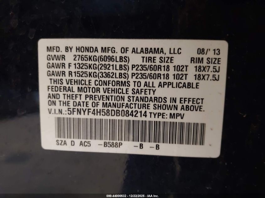 2013 Honda Pilot Ex-L VIN: 5FNYF4H58DB084214 Lot: 44000532