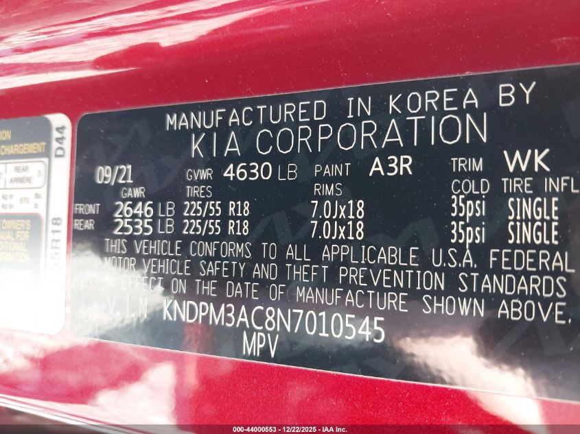2022 Kia Sportage Lx VIN: KNDPM3AC8N7010545 Lot: 44000553