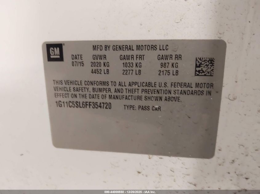 2015 Chevrolet Malibu 1Lt VIN: 1G11C5SL6FF354720 Lot: 44000558