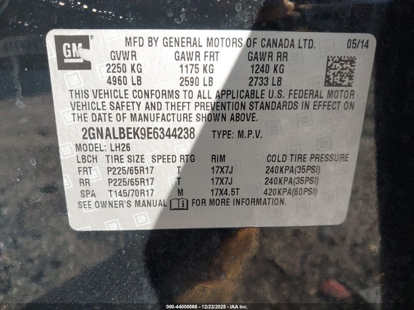2014 Chevrolet Equinox 1Lt VIN: 2GNALBEK9E6344238 Lot: 44000566