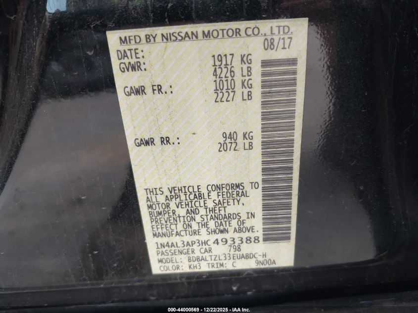 2017 Nissan Altima 2.5 Sl VIN: 1N4AL3AP3HC493388 Lot: 44000569