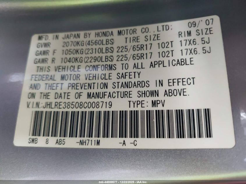 2008 Honda Cr-V Ex VIN: JHLRE38508C008719 Lot: 44000577