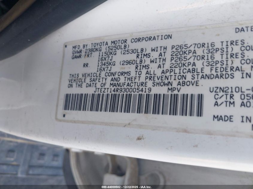 2003 Toyota 4Runner Sr5 V8 VIN: JTEZT14R930005419 Lot: 44000582