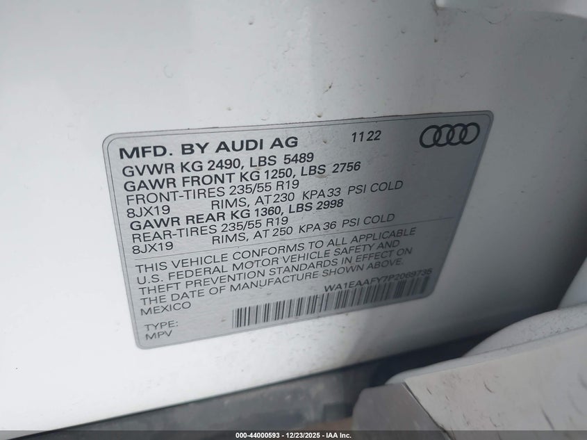 2023 Audi Q5 Premium Plus 45 Tfsi S Line Quattro VIN: WA1EAAFY7P2069735 Lot: 44000593