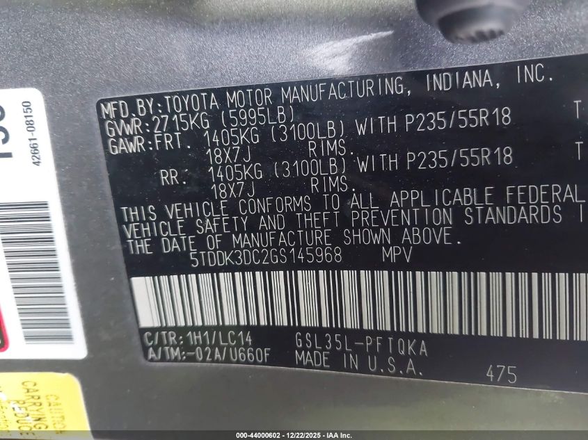 2016 Toyota Sienna Xle 7 Passenger VIN: 5TDDK3DC2GS145968 Lot: 44000602