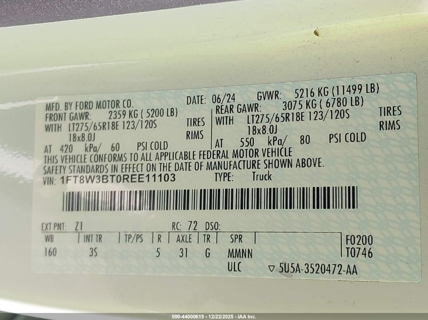 2024 Ford F-350 Xlt VIN: 1FT8W3BT0REE11103 Lot: 44000619