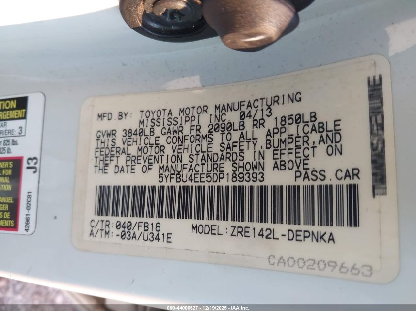 2013 Toyota Corolla Le VIN: 5YFBU4EE5DP189393 Lot: 44000627