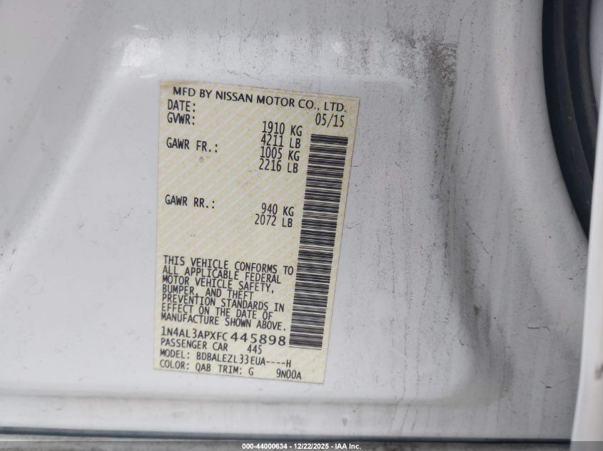 2015 Nissan Altima 2.5 S VIN: 1N4AL3APXFC445898 Lot: 44000634