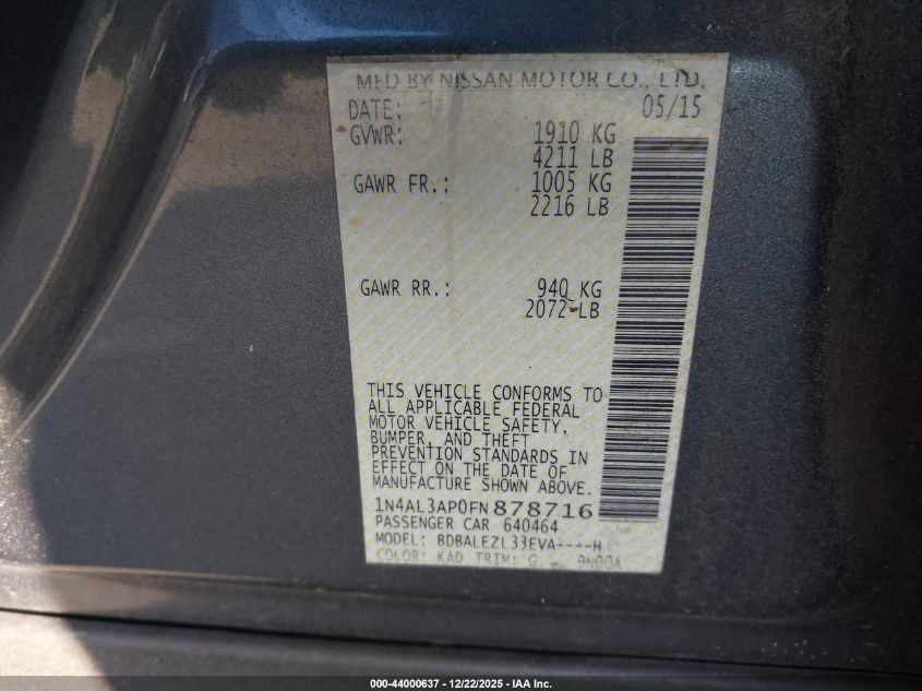 2015 Nissan Altima 2.5 S VIN: 1N4AL3AP0FN878716 Lot: 44000637