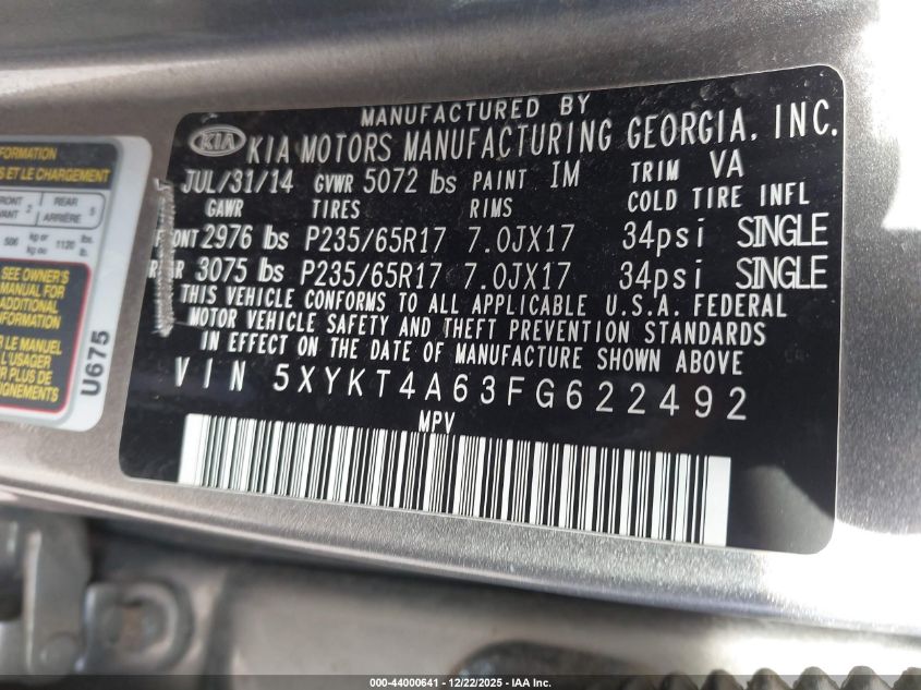 2015 Kia Sorento Lx VIN: 5XYKT4A63FG622492 Lot: 44000641