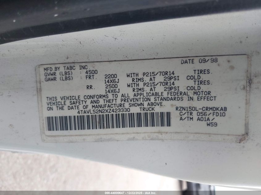 1999 Toyota Tacoma VIN: 4TAVL52N2XZ423330 Lot: 44000647