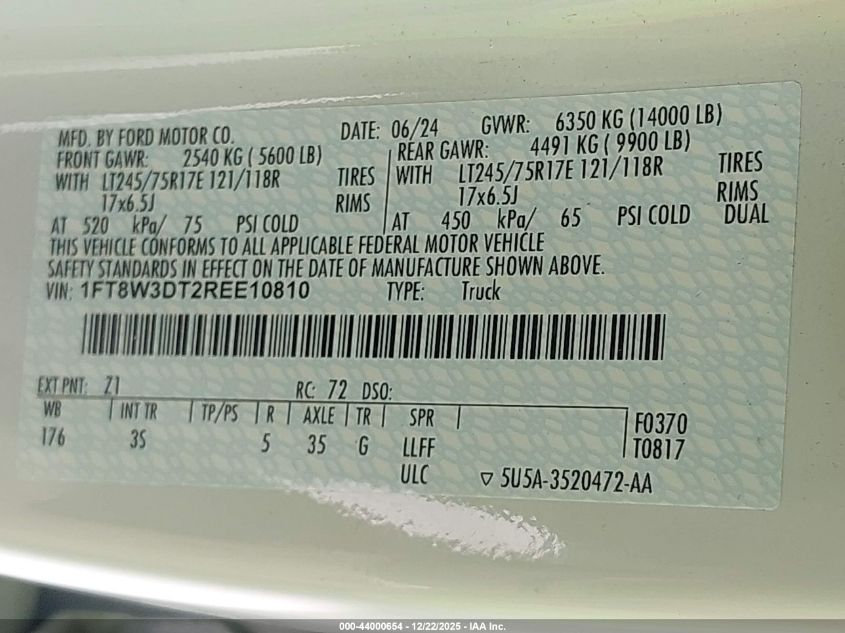 2024 Ford F-350 Xlt VIN: 1FT8W3DT2REE10810 Lot: 44000654