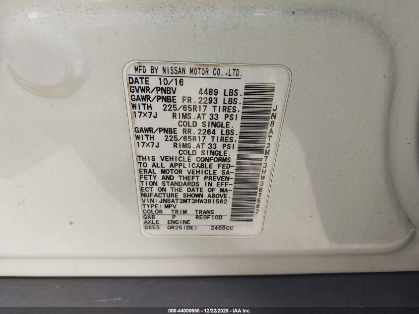 2017 Nissan Rogue Sv VIN: JN8AT2MT3HW381562 Lot: 44000658