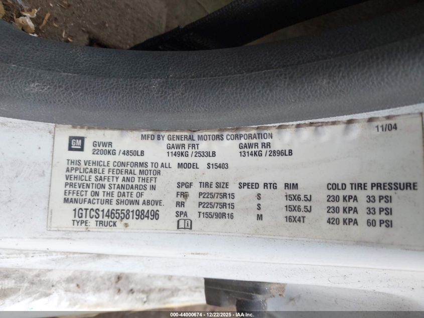 2005 GMC Canyon Sle VIN: 1GTCS146558198496 Lot: 44000674