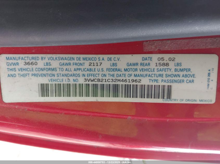 2002 Volkswagen New Beetle Gls VIN: 3VWCB21C32M461962 Lot: 44000753